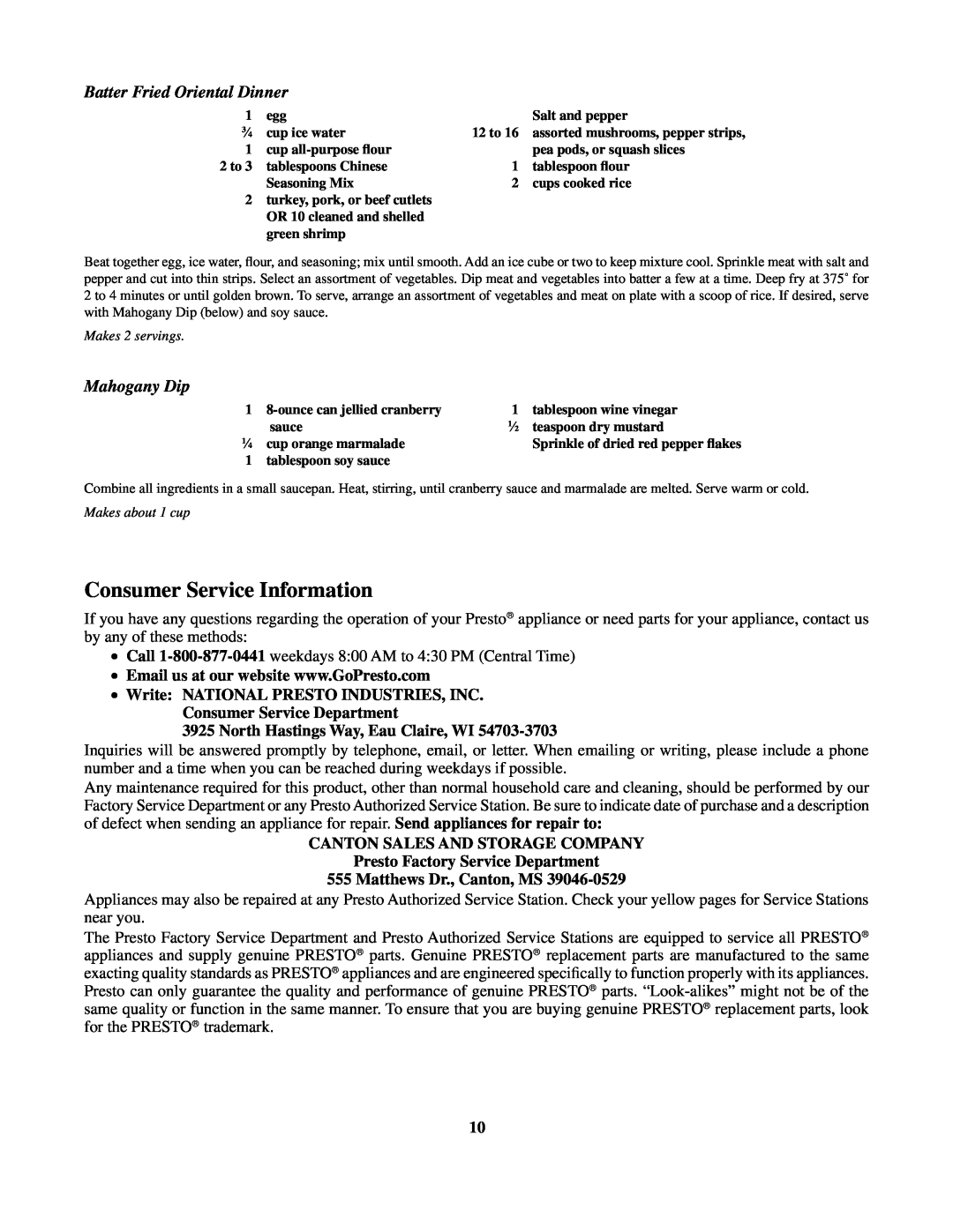 Presto Digital ProFry Consumer Service Information, Batter Fried Oriental Dinner, Mahogany Dip, Matthews Dr., Canton, MS 