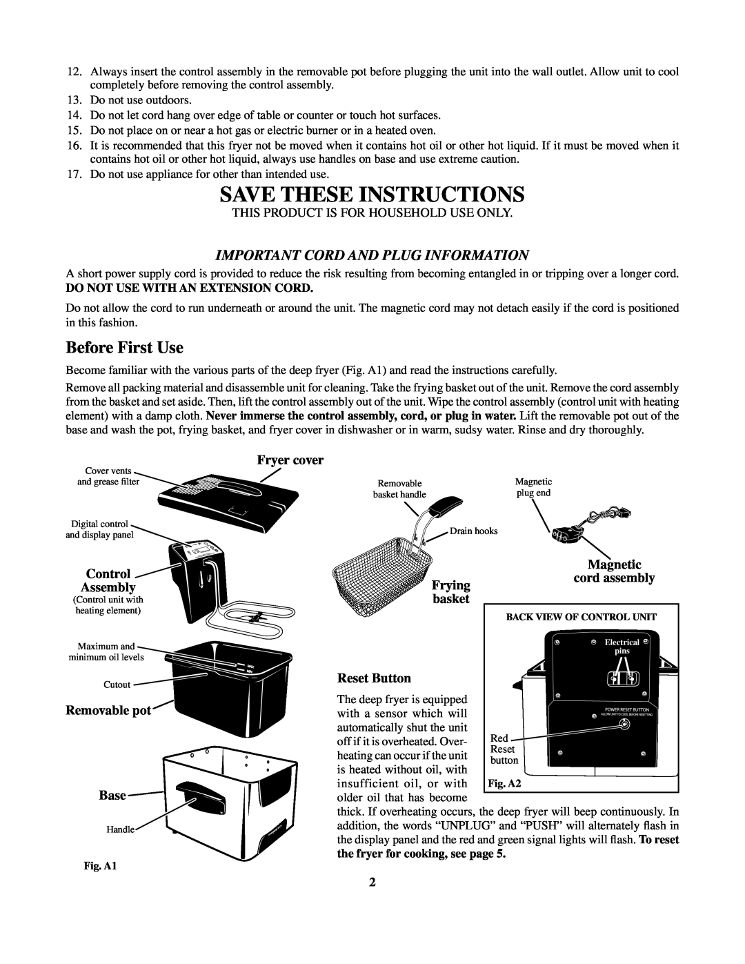 Presto Digital ProFry manual Save These Instructions, Before First Use, cord assembly, Important Cord and Plug Information 