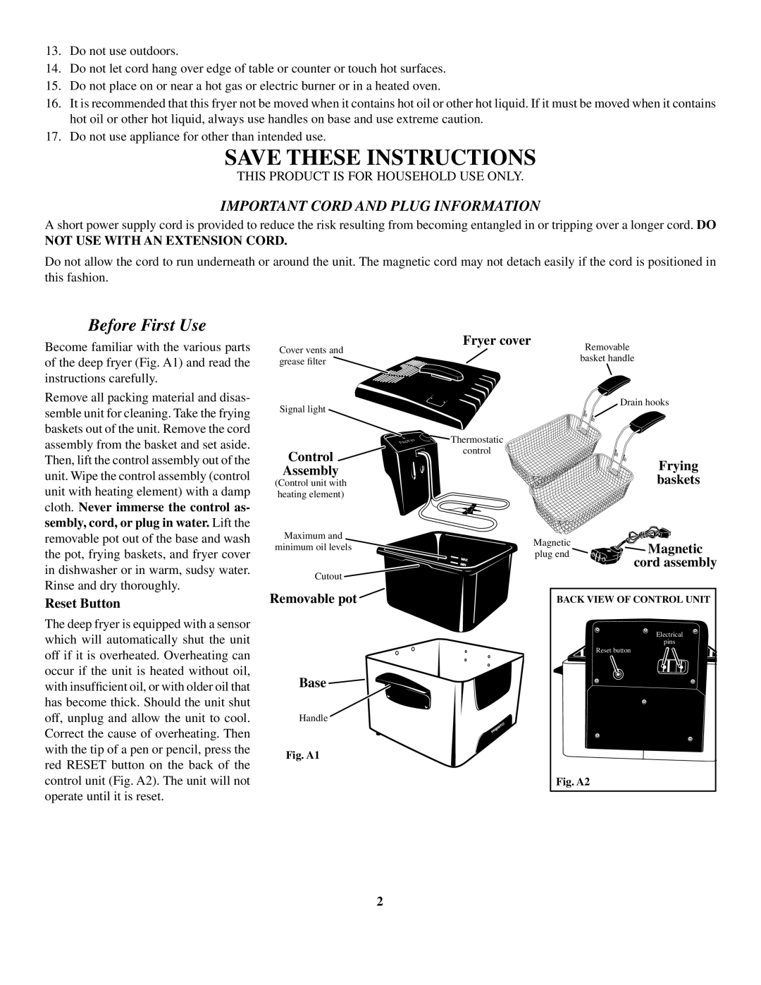 Presto Dual Basket ProFry manual Before First Use, Important Cord and Plug Information 