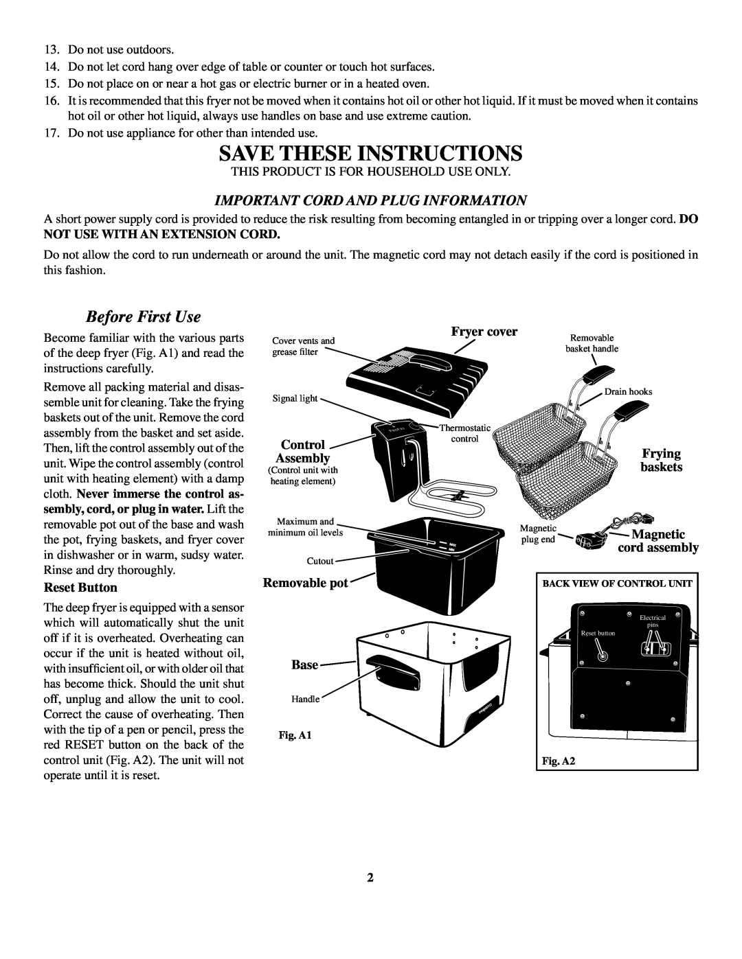 Presto Dual Basket ProFry Save These Instructions, Before First Use, Important Cord and Plug Information, Fryer cover 