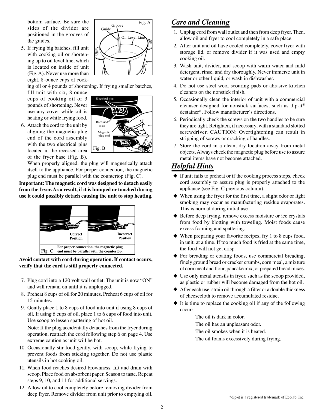 Presto electric deep fryer manual Care and Cleaning, Helpful Hints 