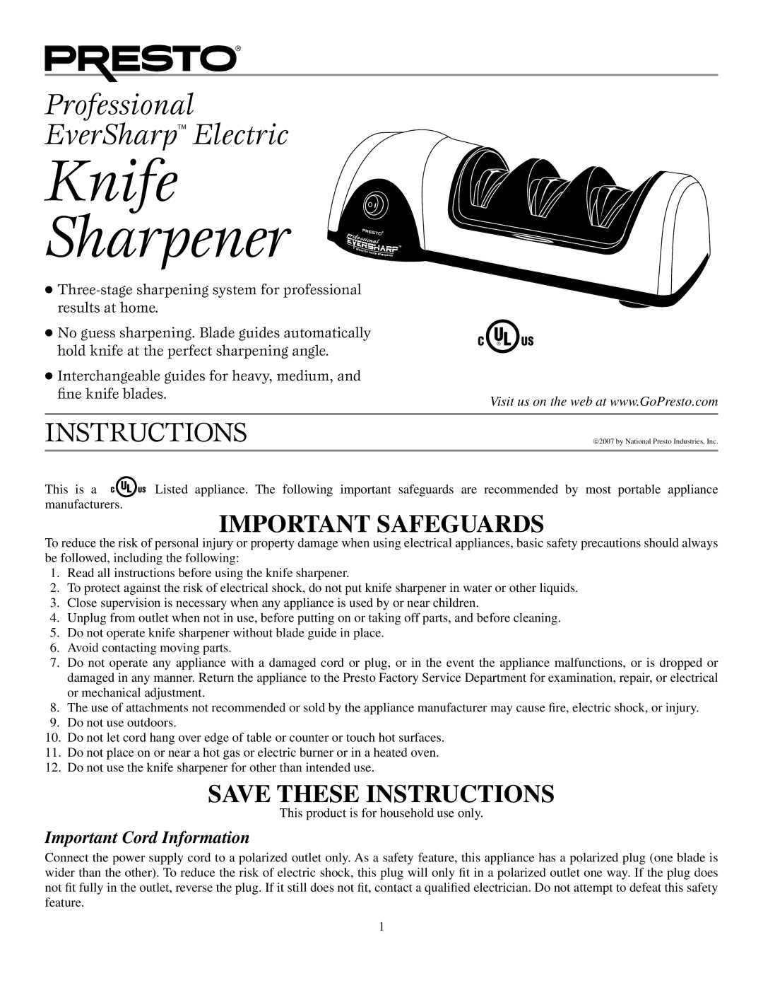 Presto Electric Knife Sharpener manual Important Cord Information 