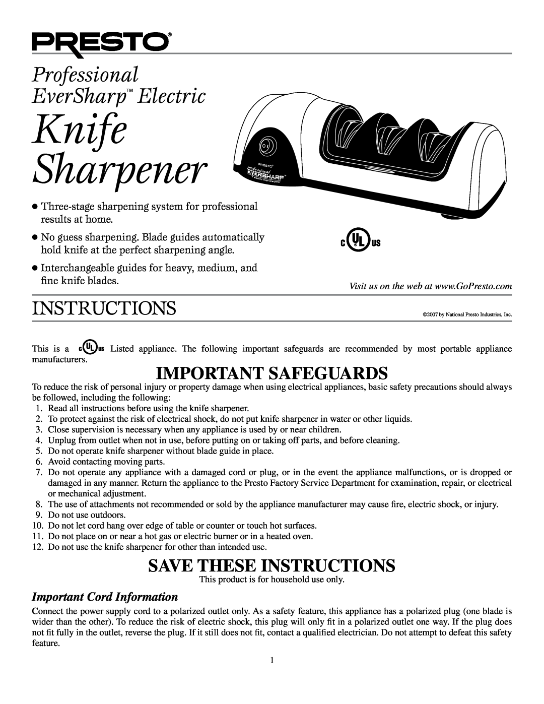 Presto Electric Knife Sharpener manual Important Cord Information, Professional EverSharp Electric, Instructions 