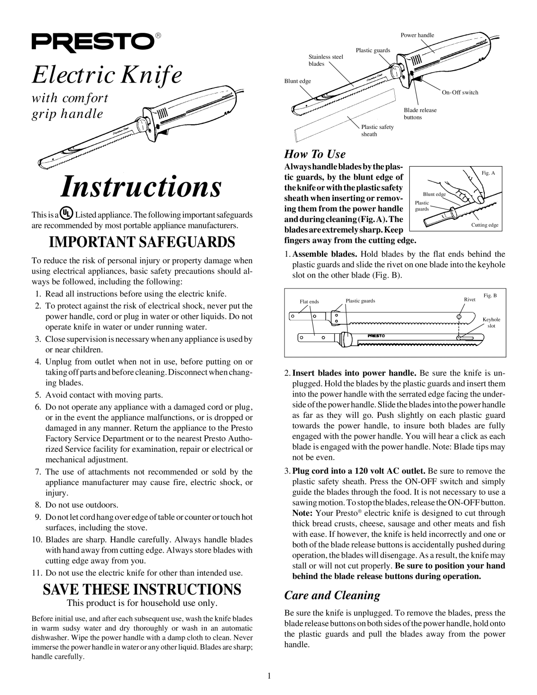 Presto Electric Knife manual How To Use, Care and Cleaning 