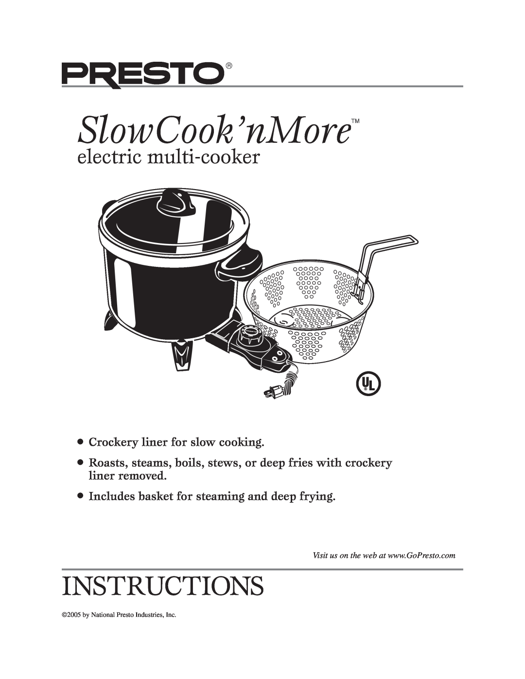 Presto Electric multi-cooker manual SlowCook’nMore, Instructions, electric multi-cooker, Crockery liner for slow cooking 