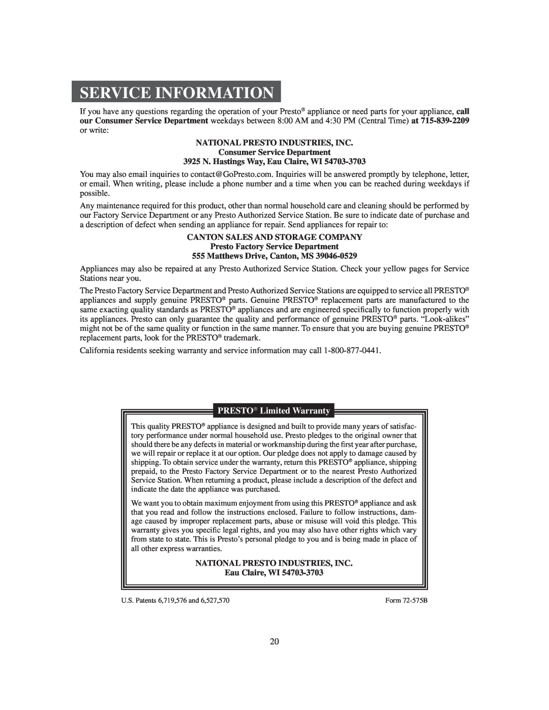 Presto Electric multi-cooker manual Service Information, NATIONAL PRESTO INDUSTRIES, INC Consumer Service Department 