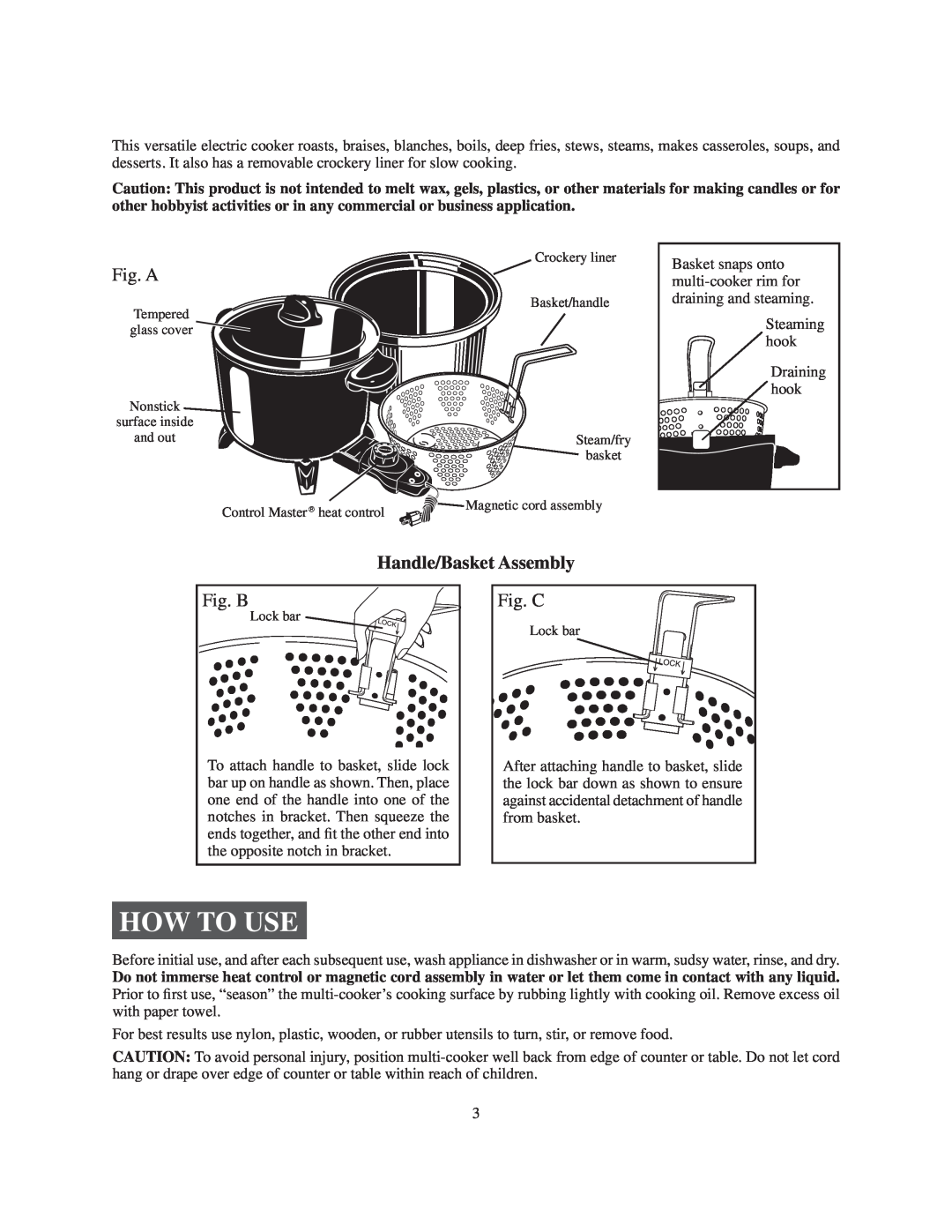 Presto Electric multi-cooker manual How To Use, Fig. A, Handle/Basket Assembly, Fig. B, Fig. C 