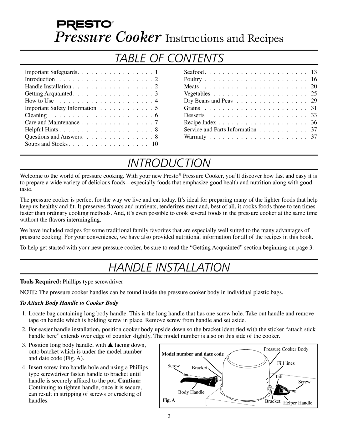 Presto Electric Pressure Cooker manual Table of Contents, Introduction, Handle Installation 