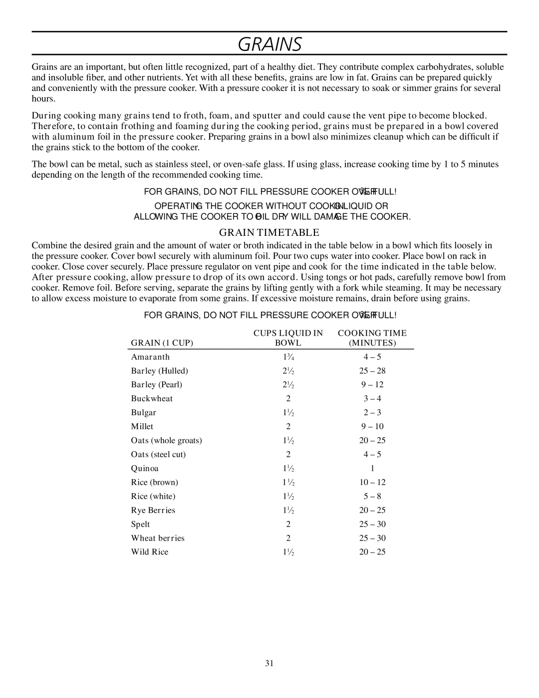 Presto Electric Pressure Cooker manual Grains, Grain Timetable 