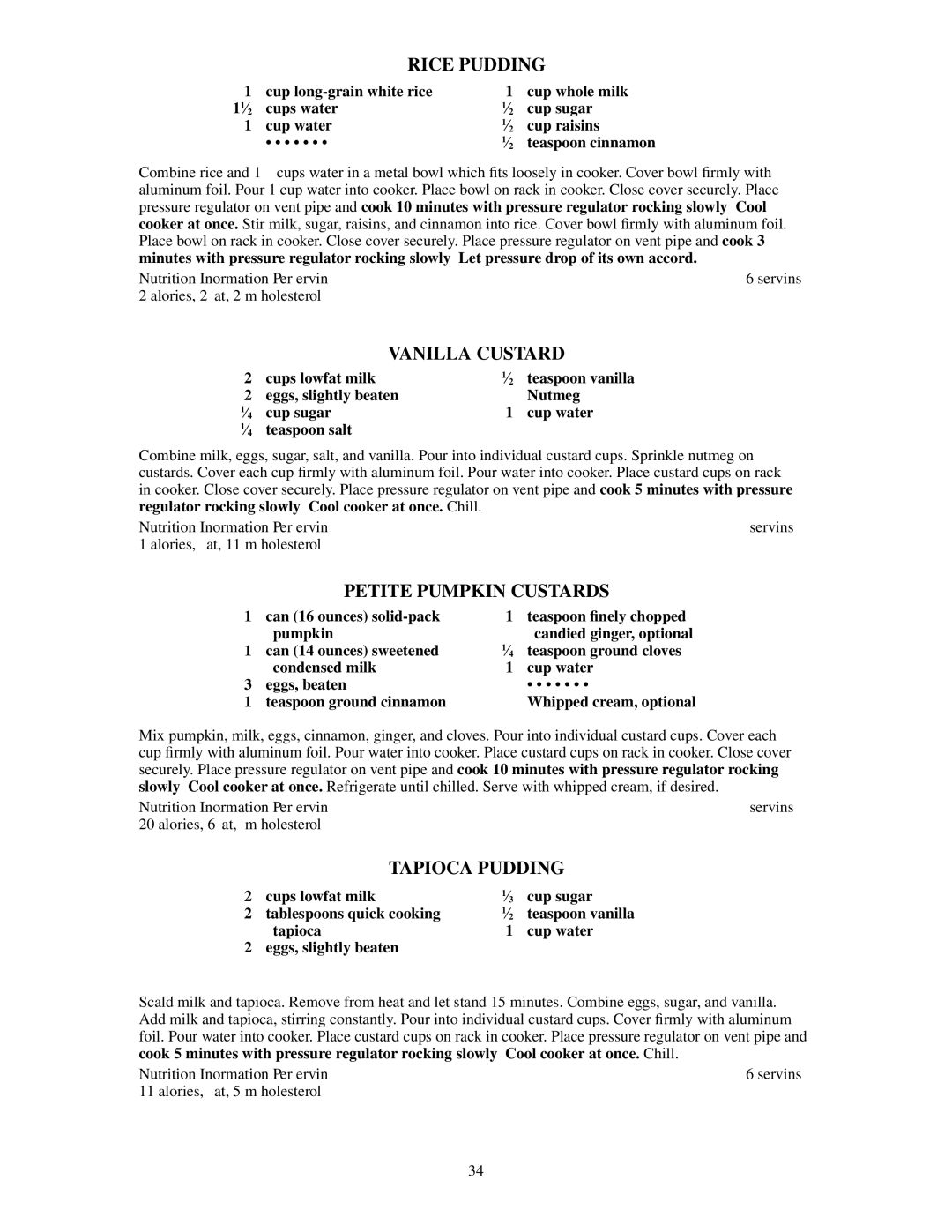 Presto Electric Pressure Cooker manual Rice Pudding, Vanilla Custard, Petite Pumpkin Custards, Tapioca Pudding 