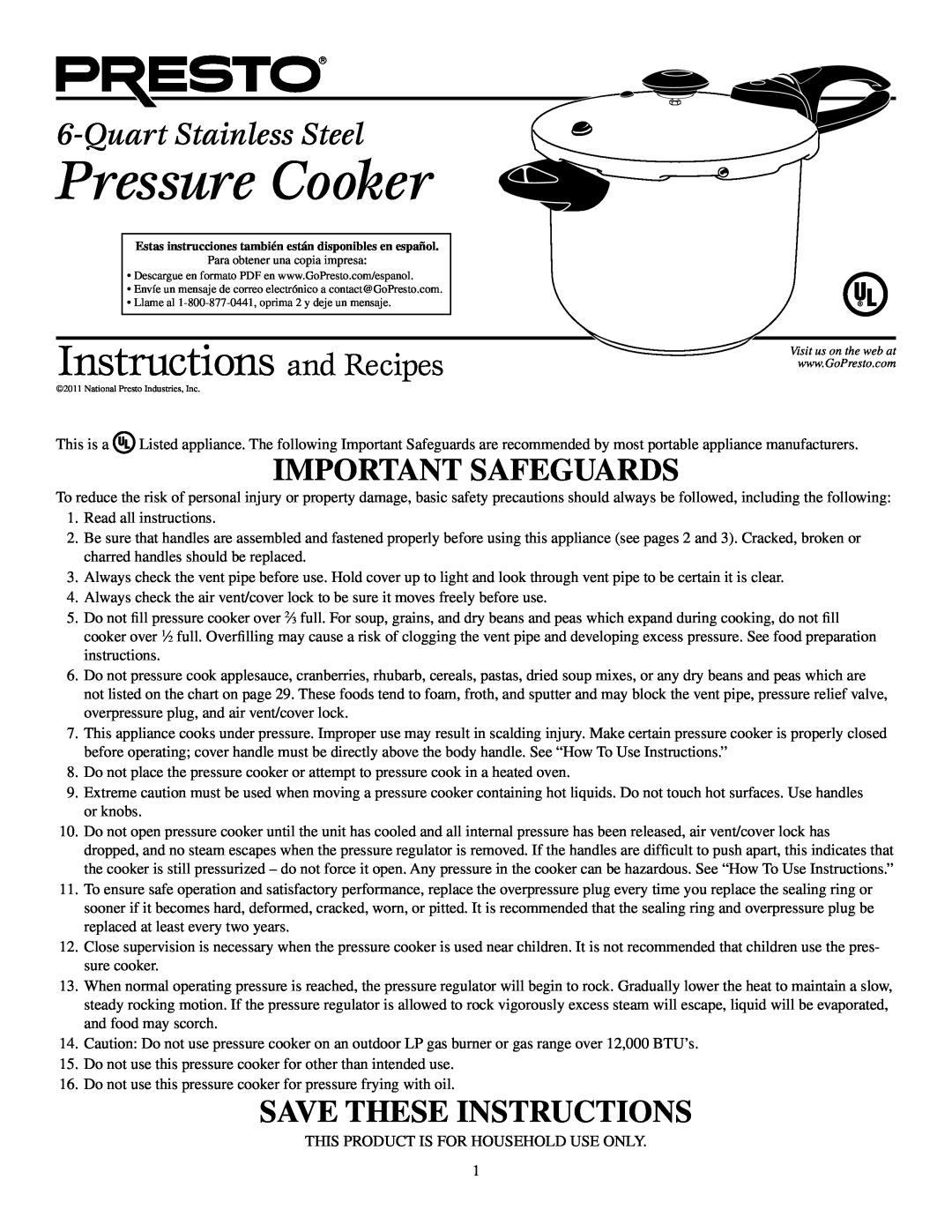 Presto Electric Pressure Cooker manual Instructions and Recipes, Quart Stainless Steel, Important Safeguards 