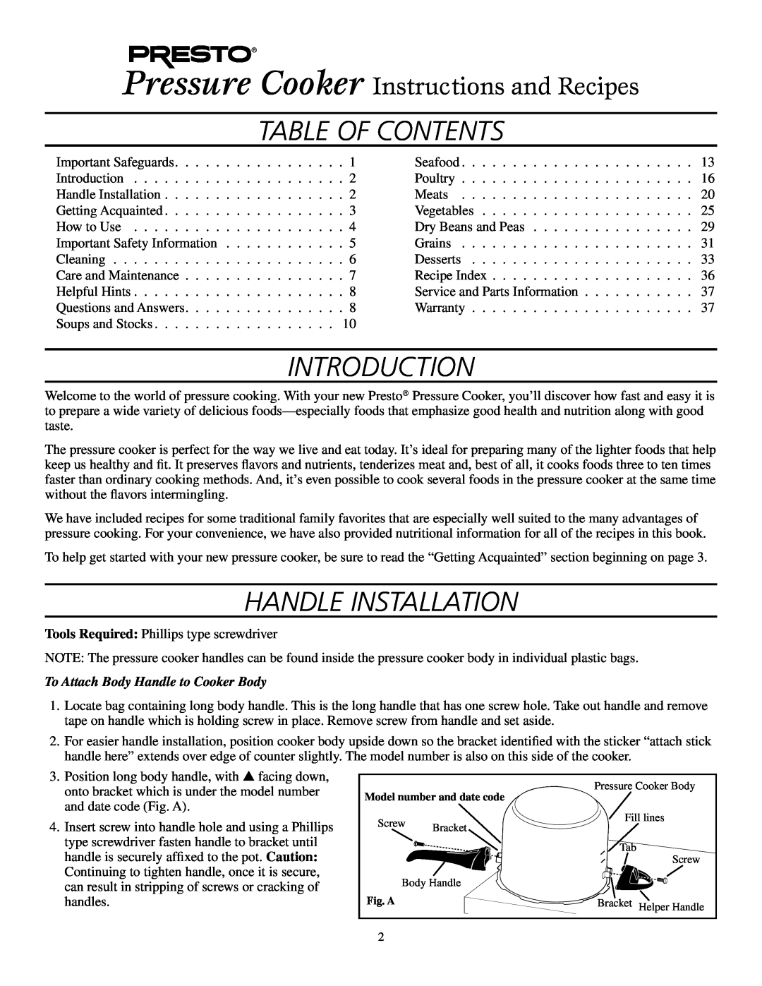 Presto Electric Pressure Cooker manual Table of Contents, Introduction, handle Installation 