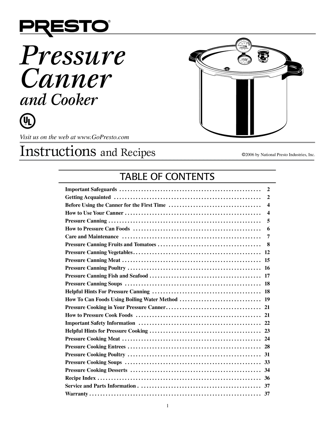 Presto Electric Pressure Washer warranty Pressure Canner, Table of Contents 