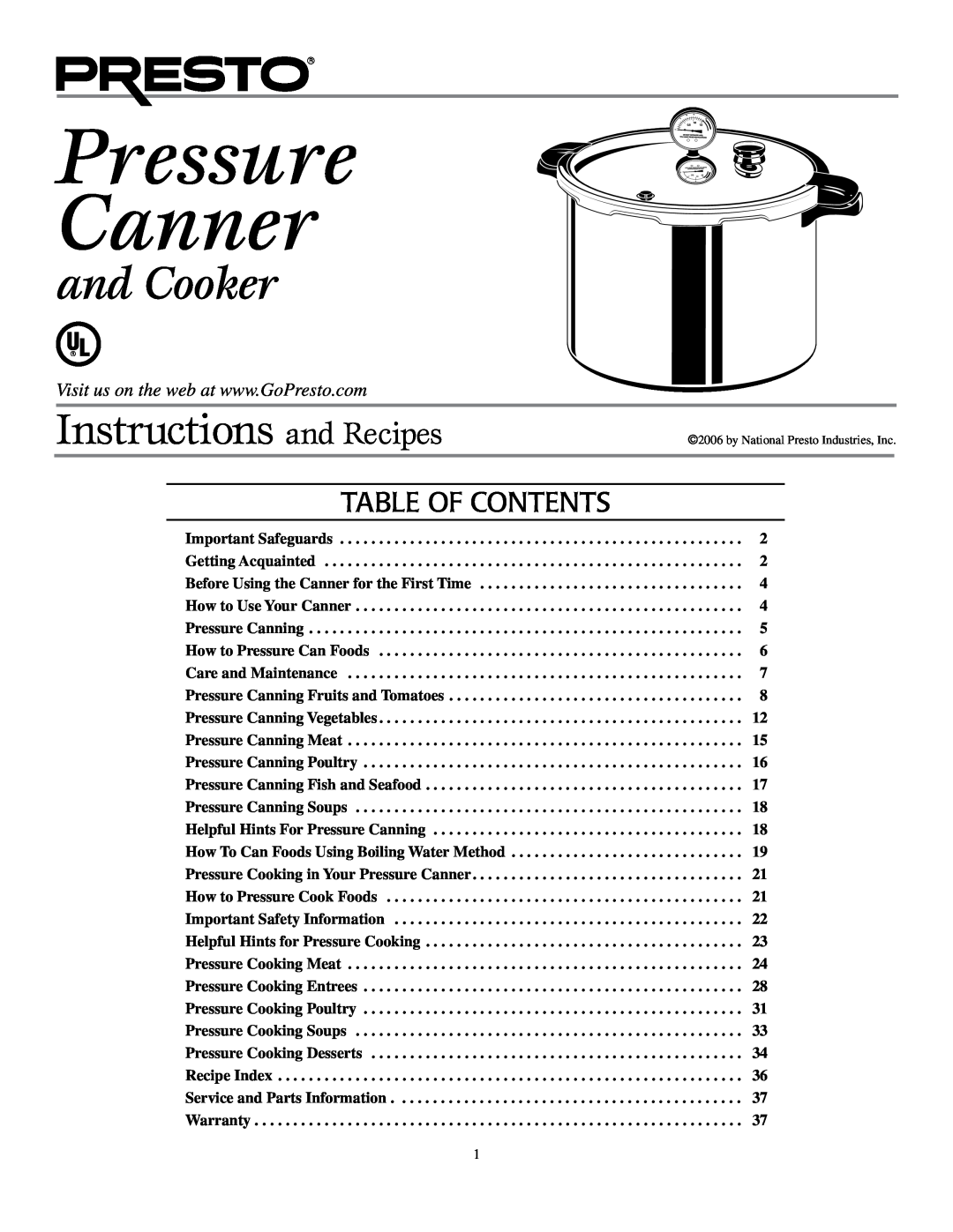 Presto Electric Pressure Washer warranty Table of Contents, Pressure Canner, and Cooker, Instructions and Recipes 
