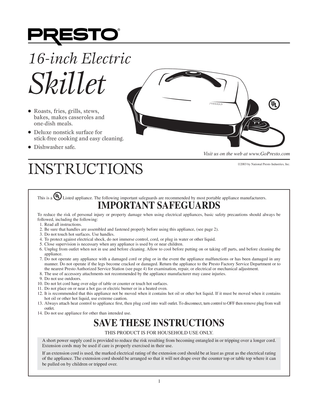 Presto Electric Skille manual Skillet 