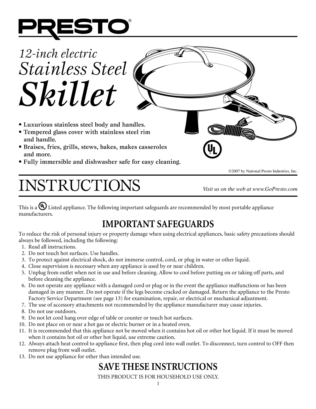 Presto electric Stainless Steel Skillet manual 