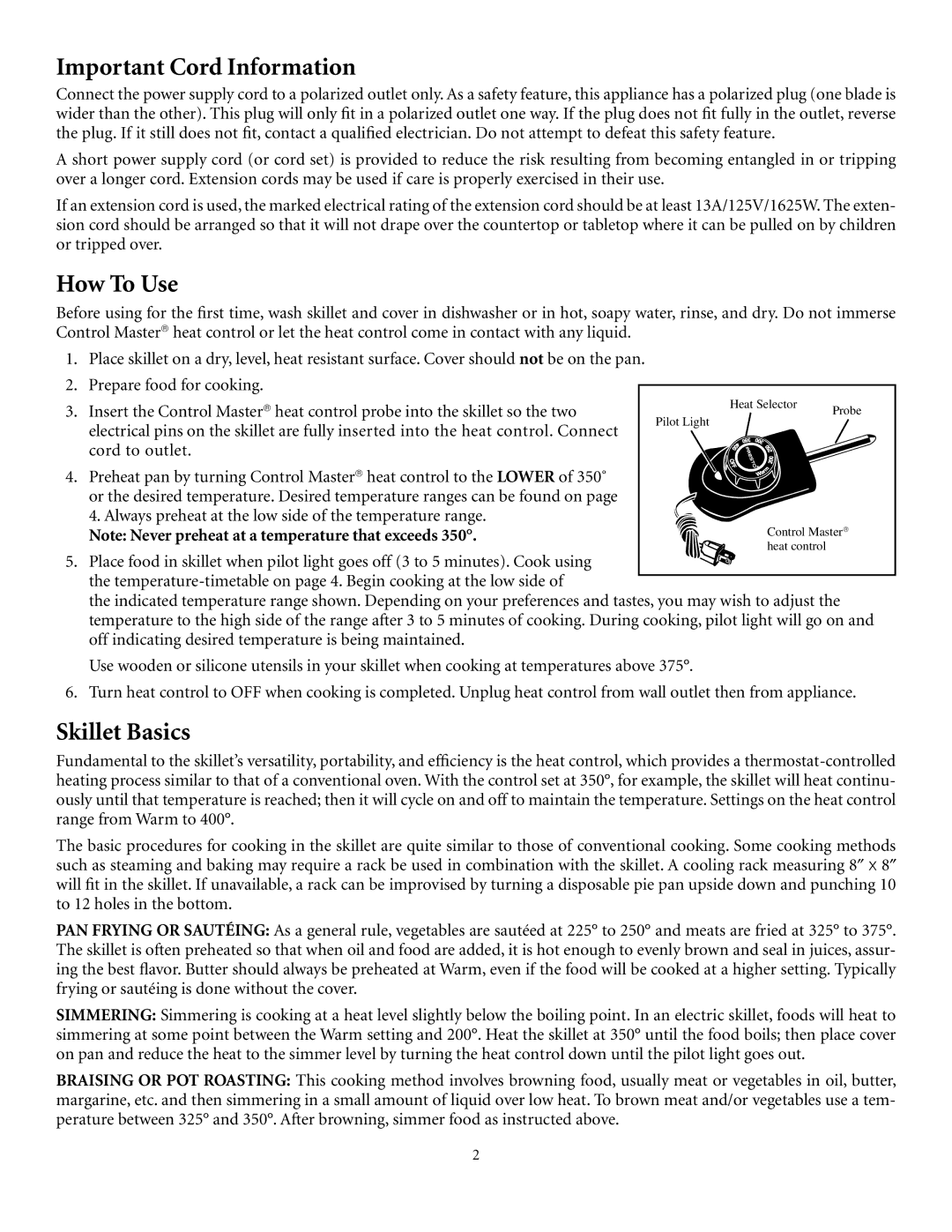 Presto electric Stainless Steel Skillet manual Important Cord Information, How To Use, Skillet Basics 