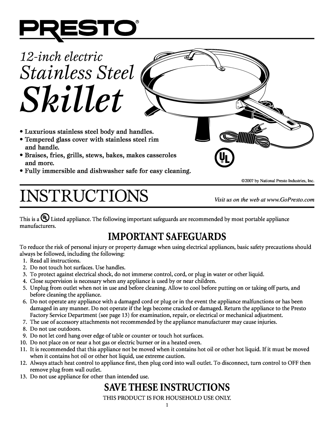Presto electric Stainless Steel Skillet manual inchelectric, Important Safeguards, Save These Instructions 