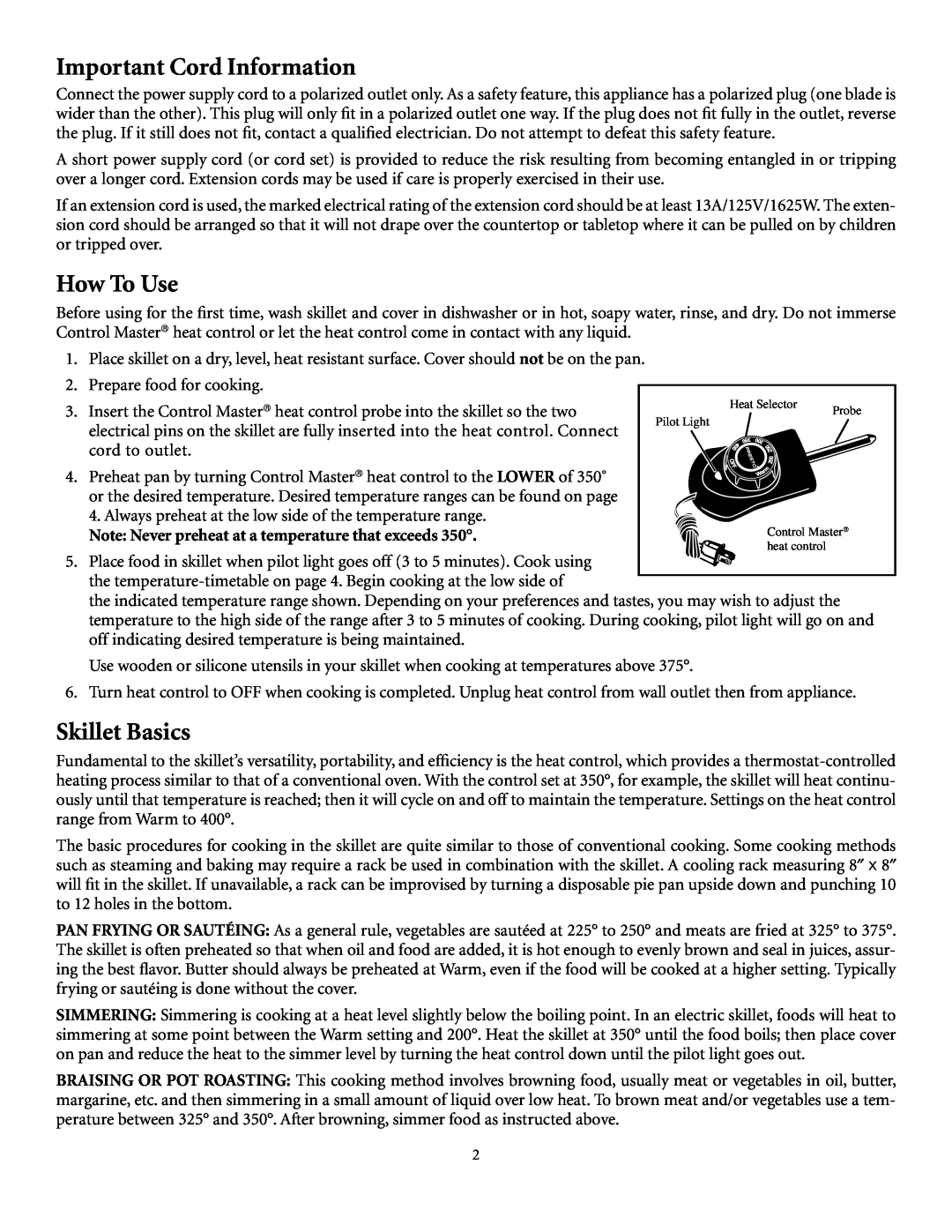 Presto electric Stainless Steel Skillet manual Important Cord Information, How To Use, Skillet Basics 