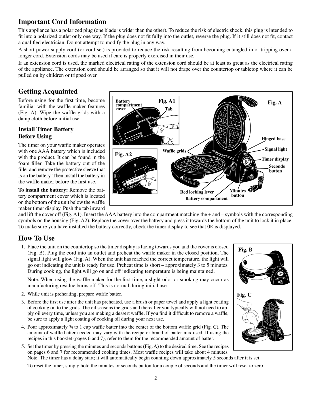 Presto FlipSide manual Important Cord Information, Getting Acquainted, How To Use 