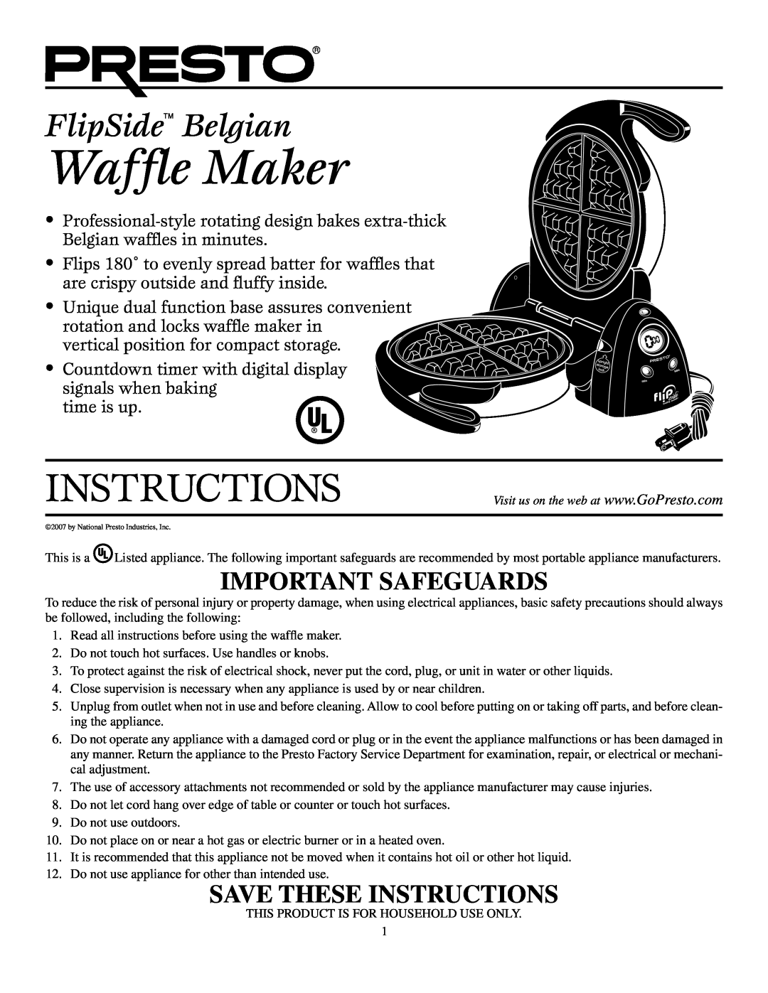Presto manual Waffle Maker, FlipSide Belgian, Important Safeguards, Save These Instructions 