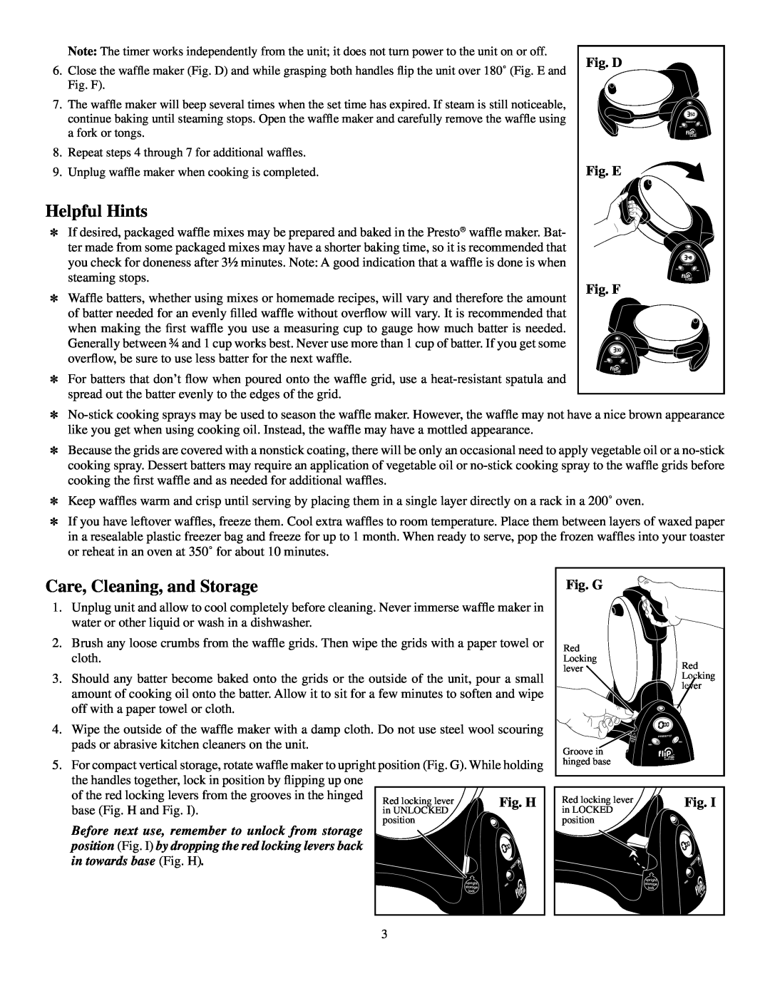Presto FlipSide manual Helpful Hints, Care, Cleaning, and Storage, Fig. D Fig. E Fig. F, Fig. G, in towards base Fig. H 
