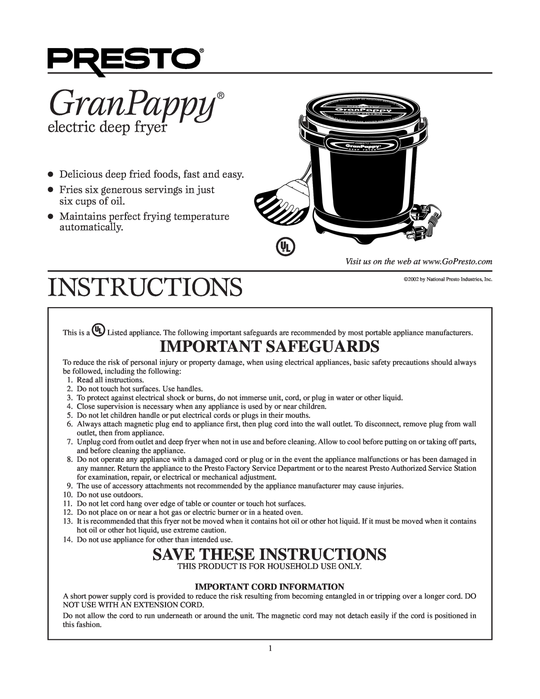 Presto GranPappy manual Important Safeguards, Save These Instructions, electric deep fryer 