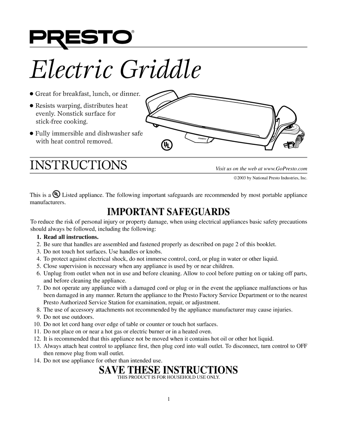 Presto manual Electric Griddle 