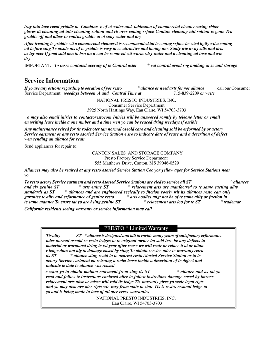 Presto Griddle manual Service Information, PRESTO Limited Warranty 