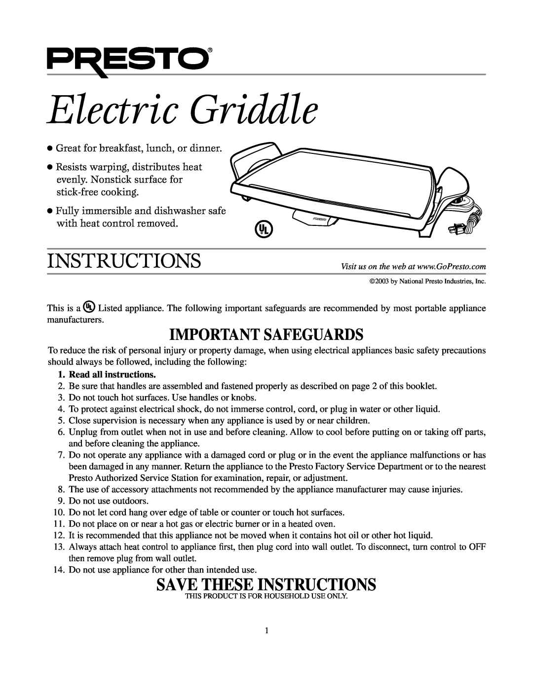 Presto manual Electric Griddle, Save These Instructions, Important Safeguards, Read all instructions 