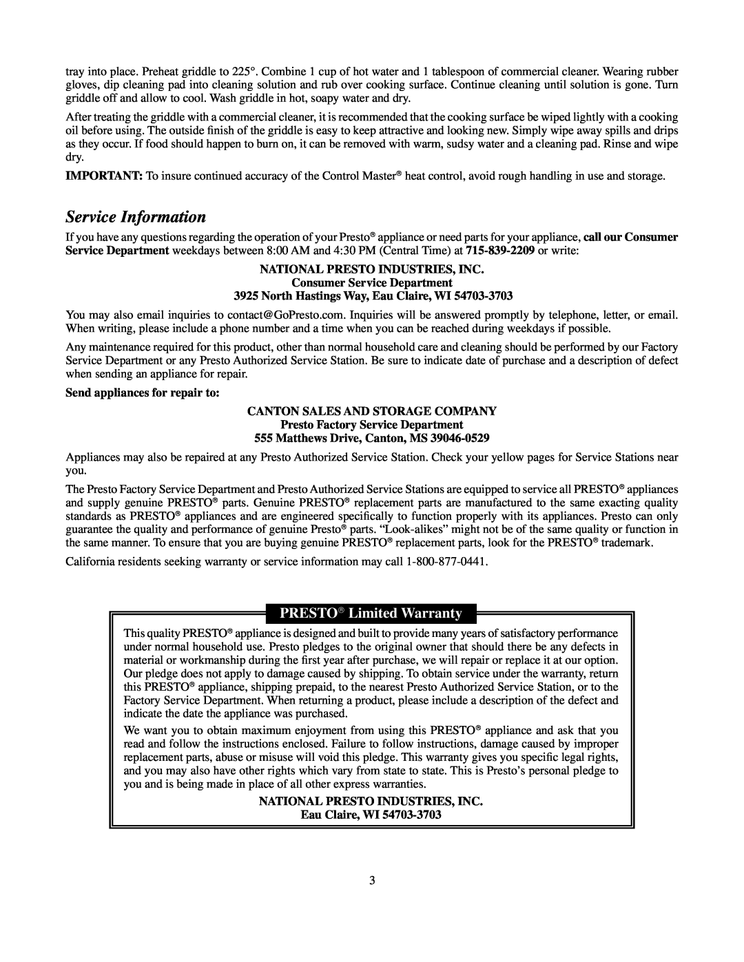 Presto Griddle Service Information, PRESTO Limited Warranty, National Presto Industries, Inc Consumer Service Department 