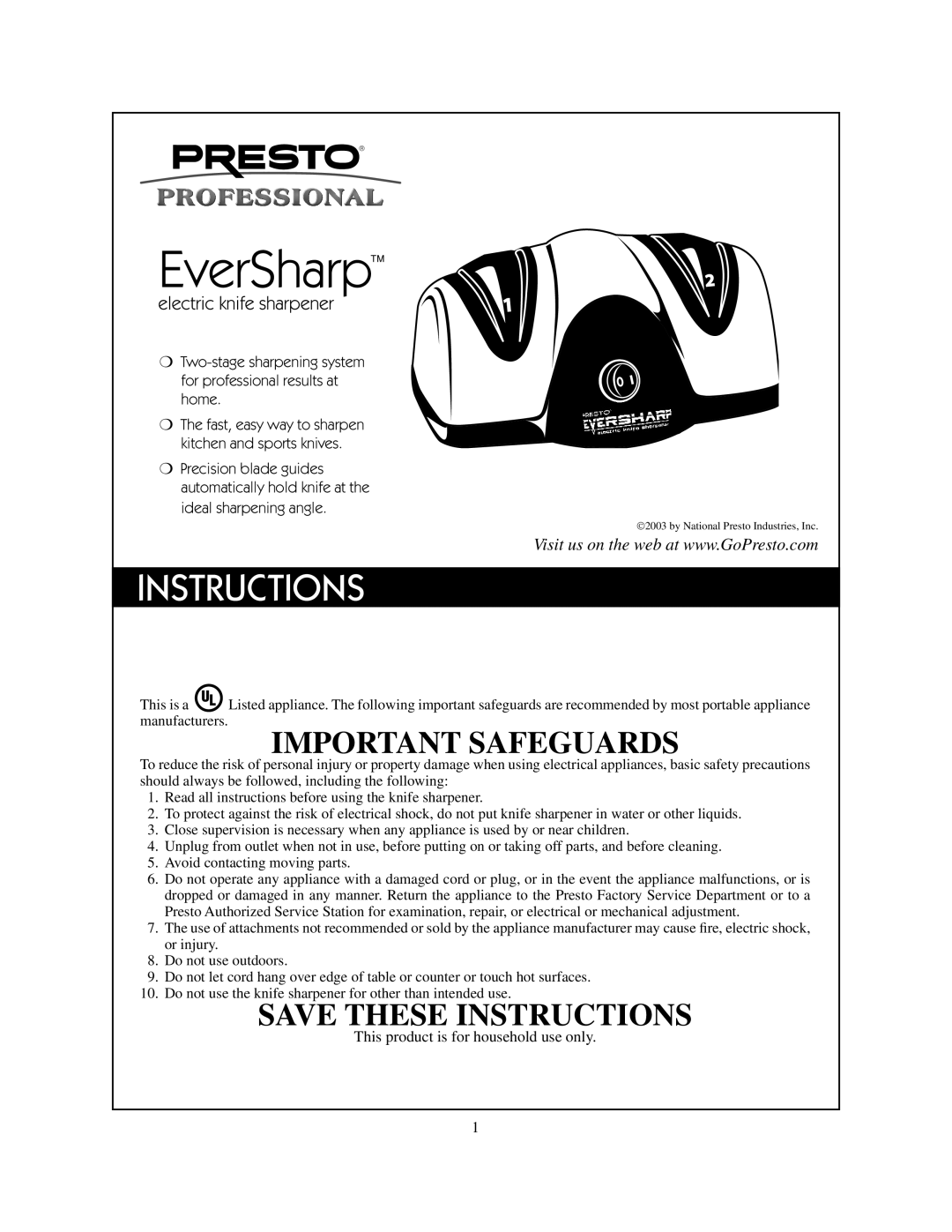 Presto 8800 manual EverSharp, Important Safeguards, Save These Instructions, electric knife sharpener 