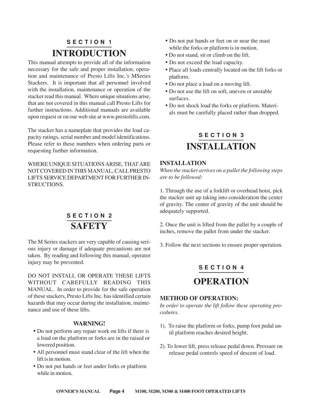 Presto M400, M100, M300, M200 service manual Introduction, Safety, Installation, Operation 