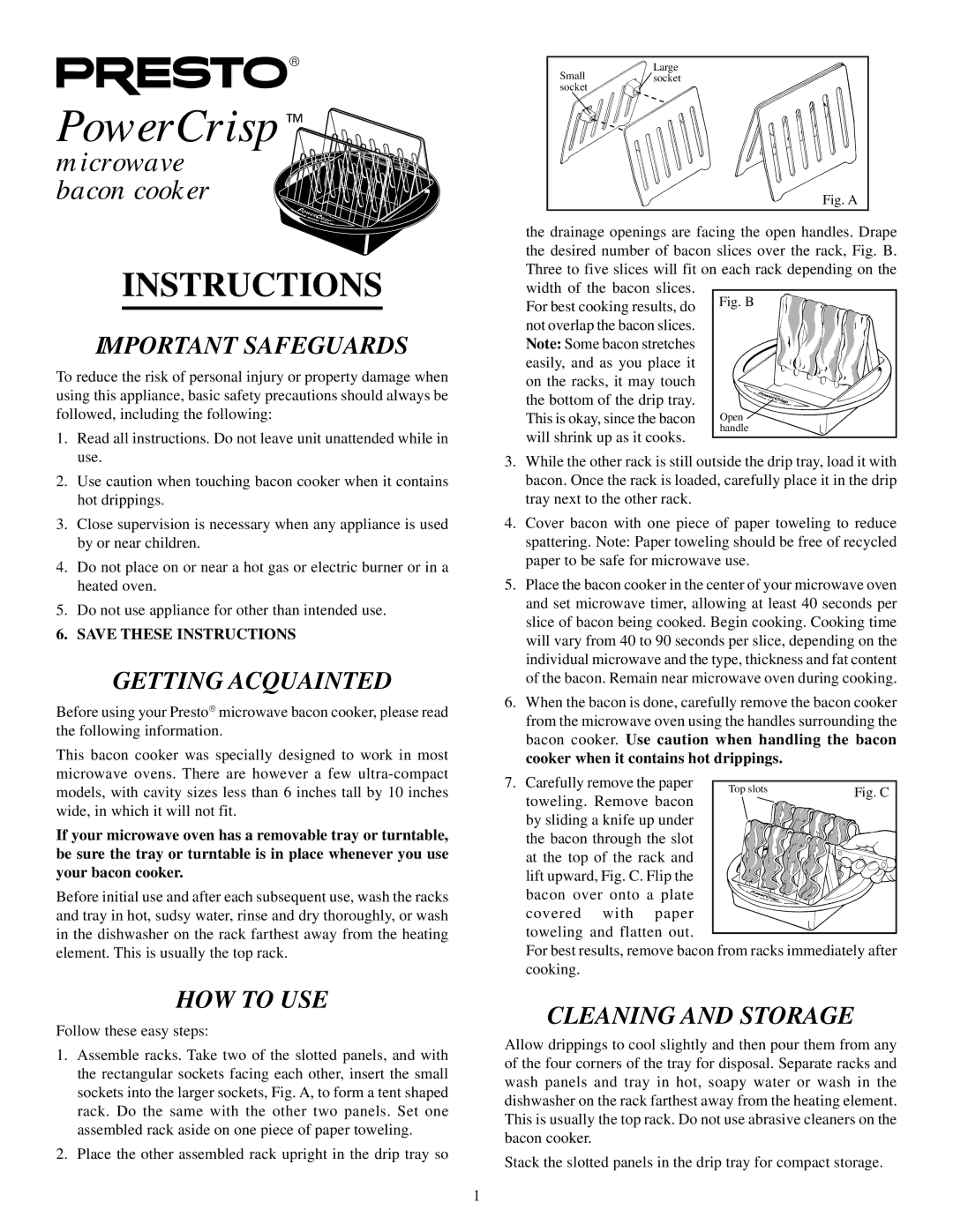 Presto microwave bacon cooker manual Important Safeguards, Getting Acquainted, HOW to USE, Cleaning and Storage 