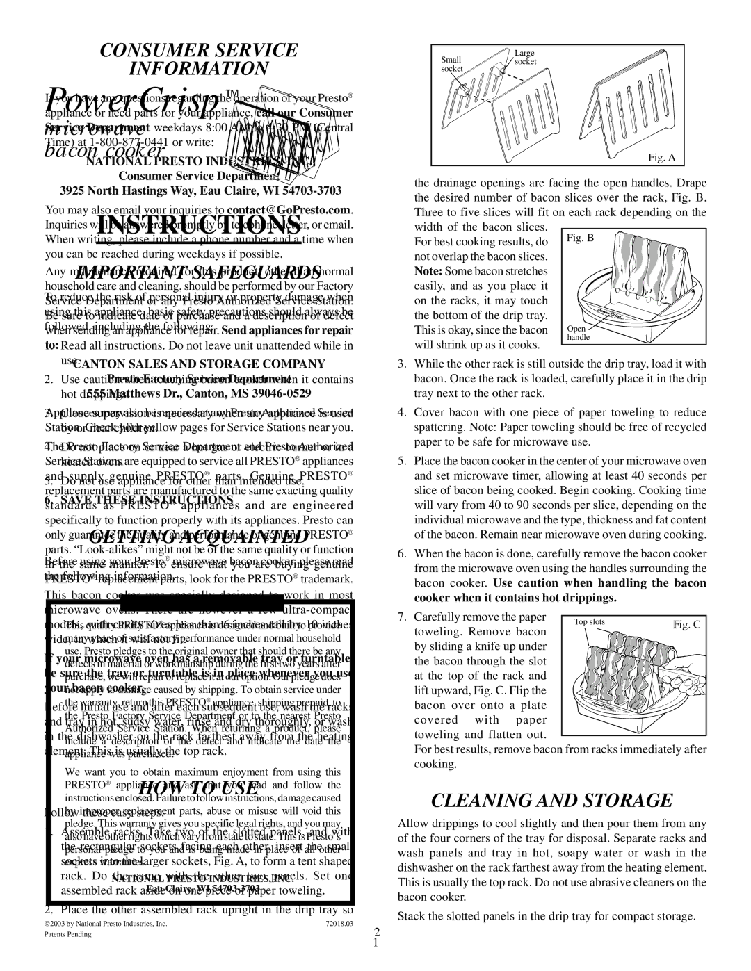 Presto microwave bacon cooker manual Consumer Service Information, National Presto INDUSTRIES, INC 