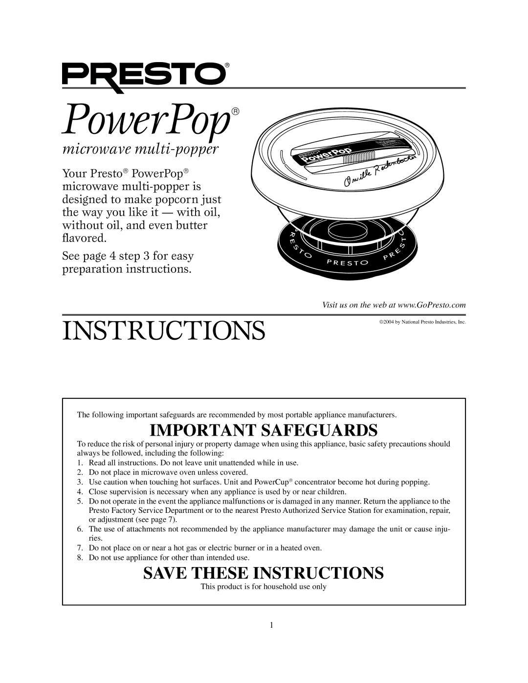 Presto manual PowerPop→, Microwave multi-popper 