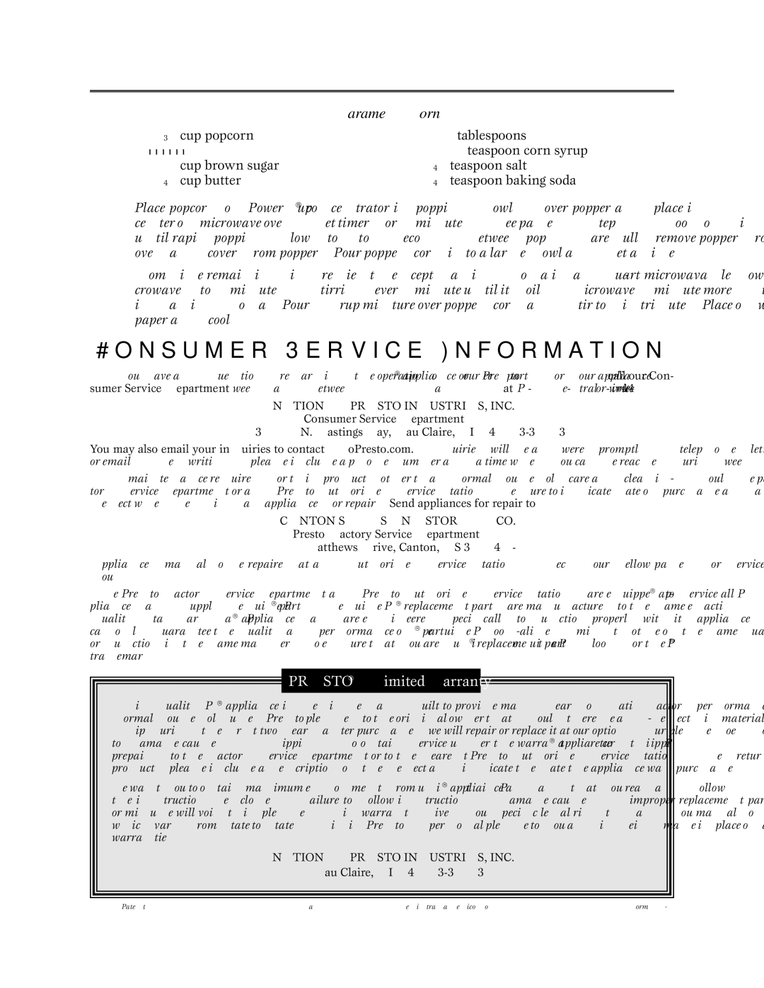 Presto multi-poppe manual Consumer Service Information, Caramel Corn, Cup popcorn Tablespoons + 