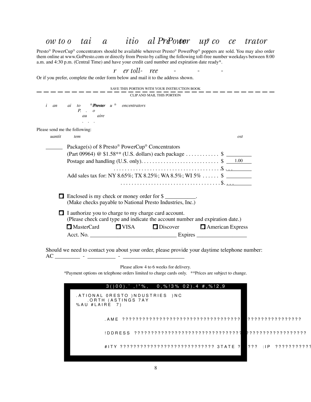 Presto multi-poppe manual How to obtain additional Presto→ PowerCup→ concentrators, Order toll-free 