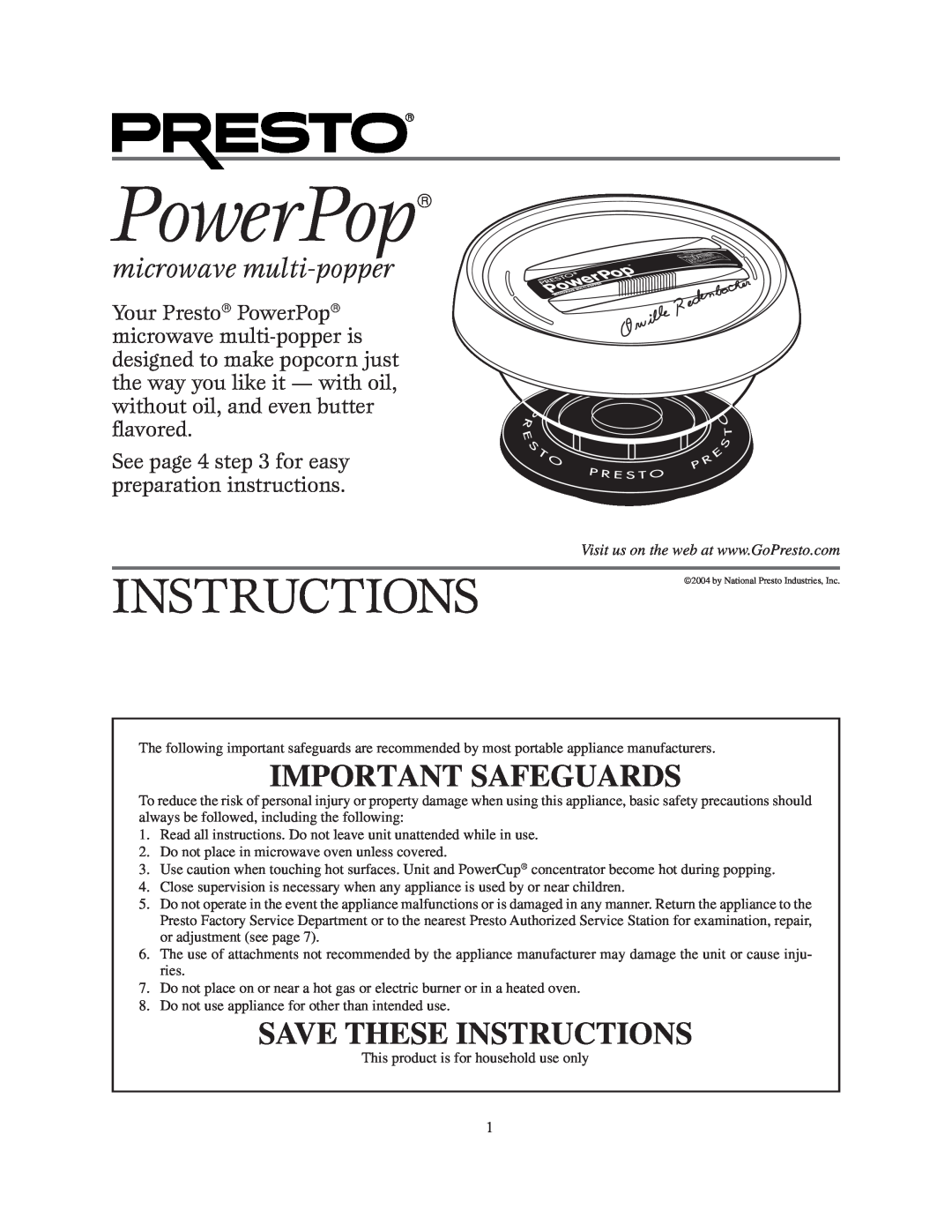 Presto manual microwave multi-popper, PowerPop→, Important Safeguards, Save These Instructions 