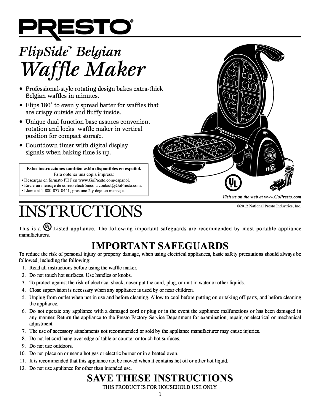Presto P3510 manual Wafﬂe Maker, FlipSide Belgian, Important Safeguards, Save These Instructions 