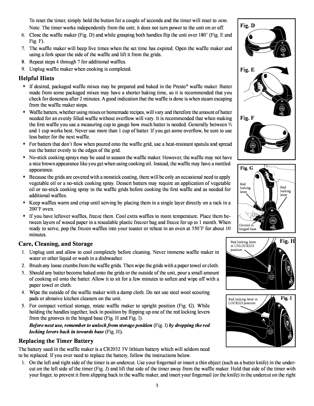 Presto P3510 manual Helpful Hints, Care, Cleaning, and Storage, Replacing the Timer Battery, Fig. D, Fig. E, Fig. F, Fig. H 