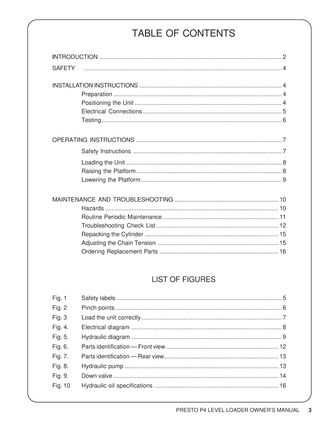 Presto P4 manual Table of Contents 