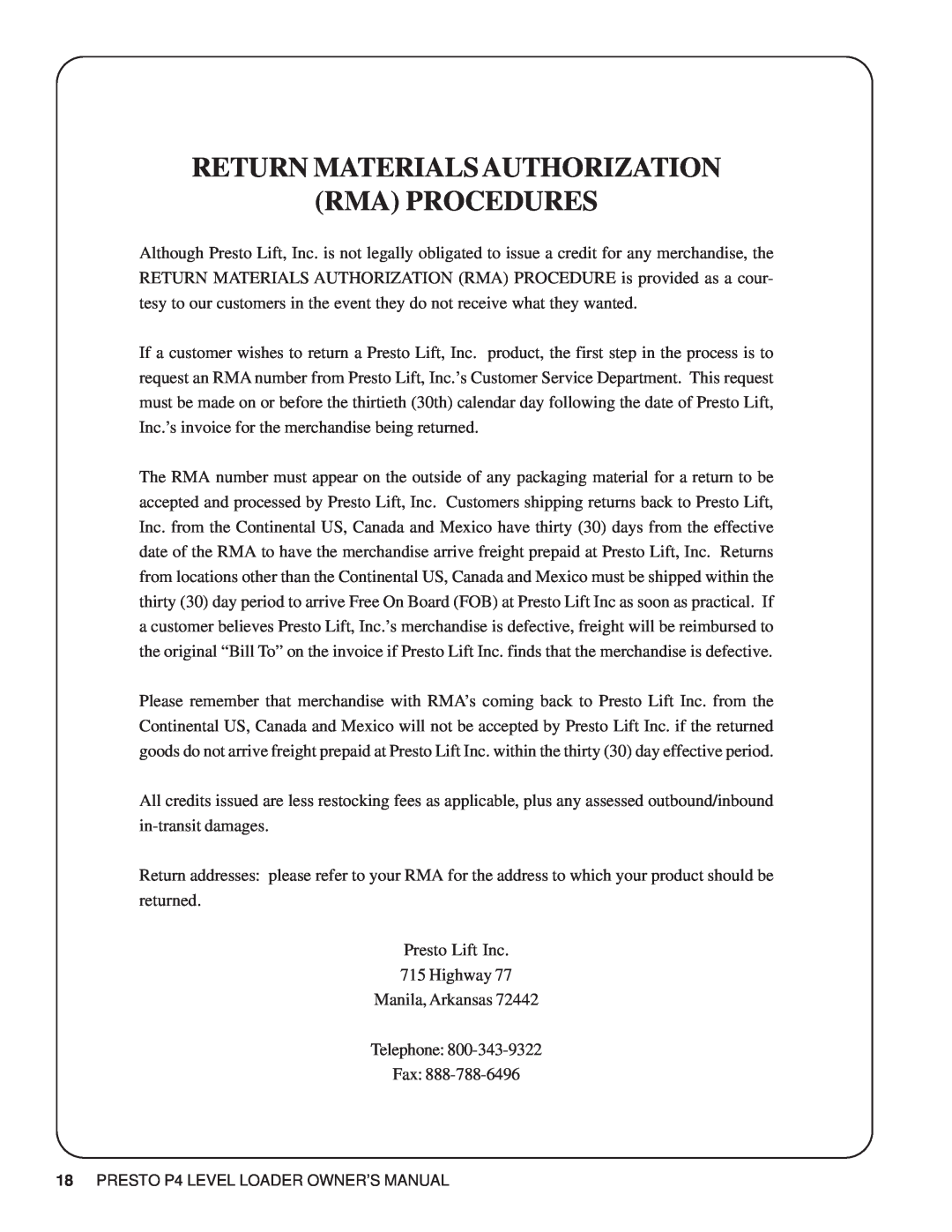 Presto P4 manual Return Materialsauthorization Rma Procedures 