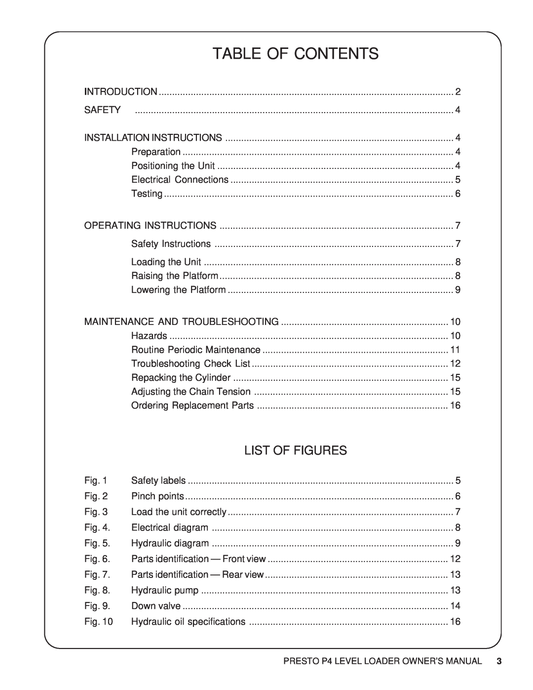 Presto P4 manual Table Of Contents, List Of Figures 