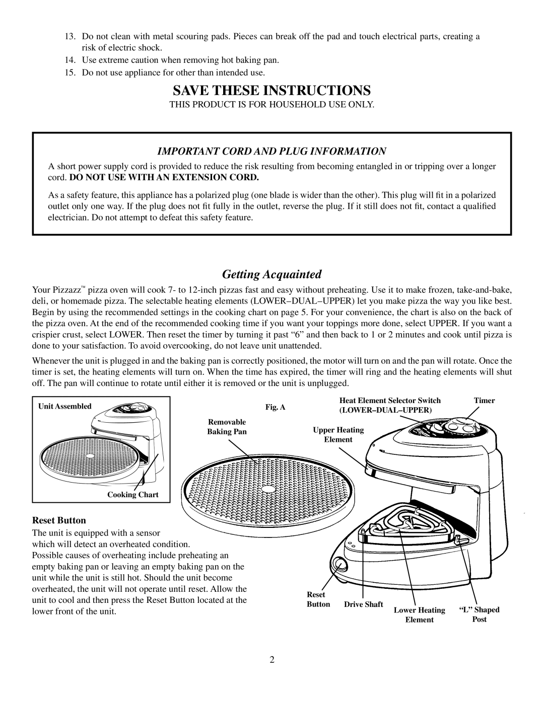 Presto Pizzazz Oven manual Getting Acquainted, Reset Button 