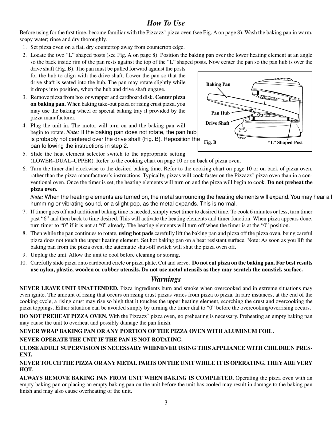 Presto Pizzazz Oven manual How To Use, Pan following the instructions in step 