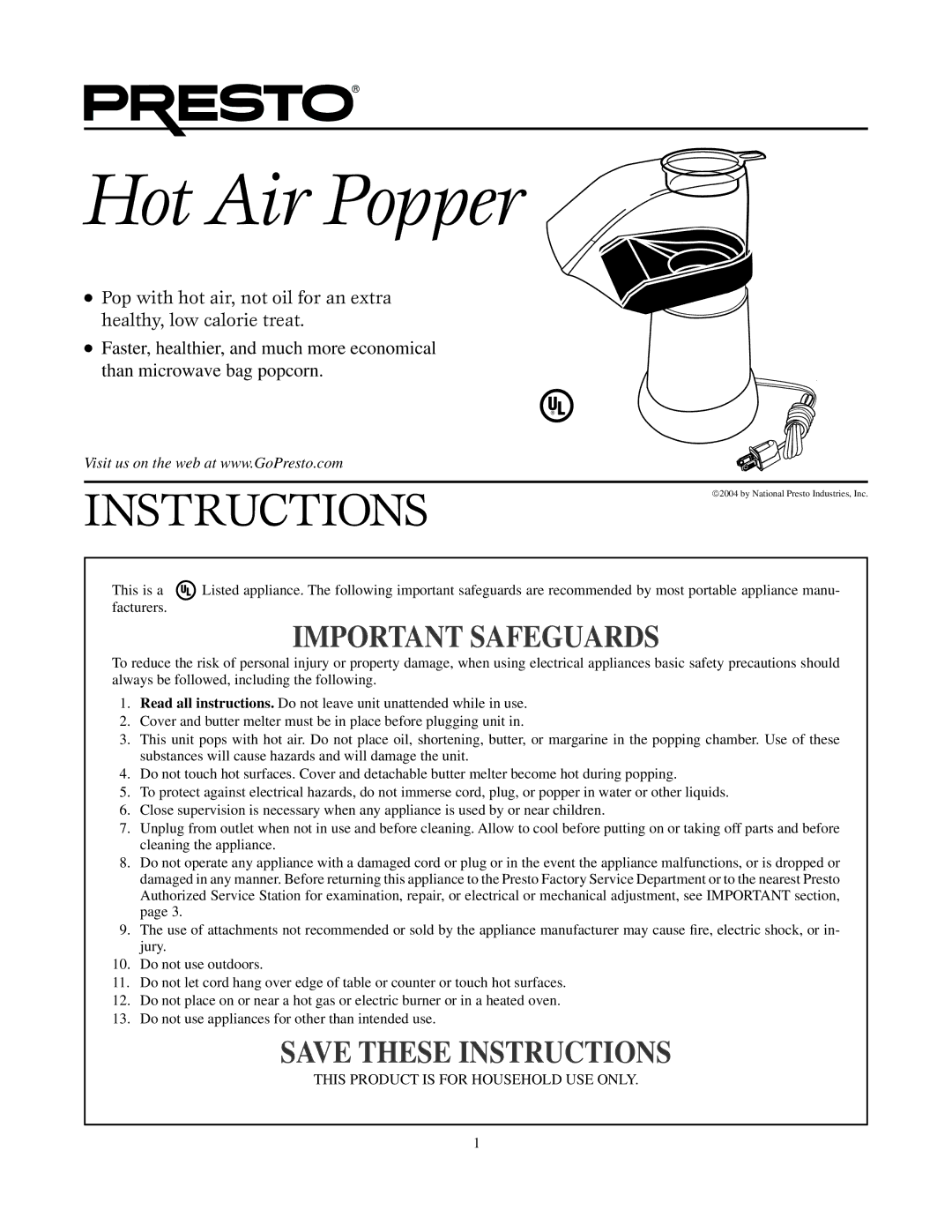 Presto manual Hot Air Popper 