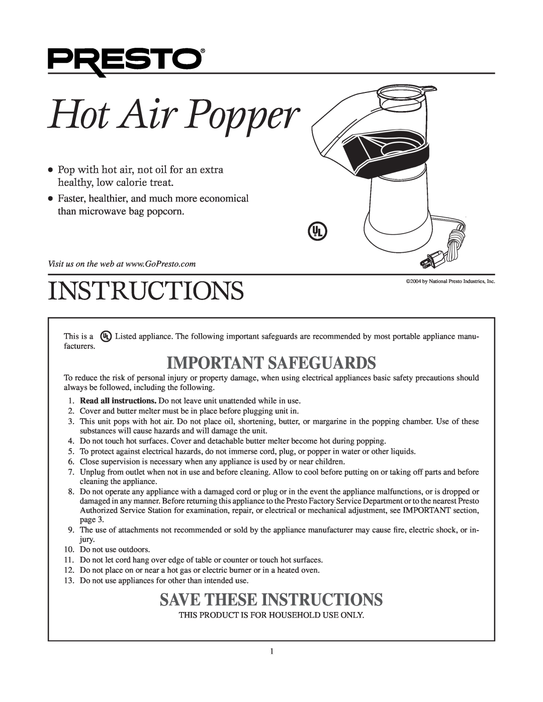 Presto manual Hot Air Popper, Important Safeguards, Save These Instructions 