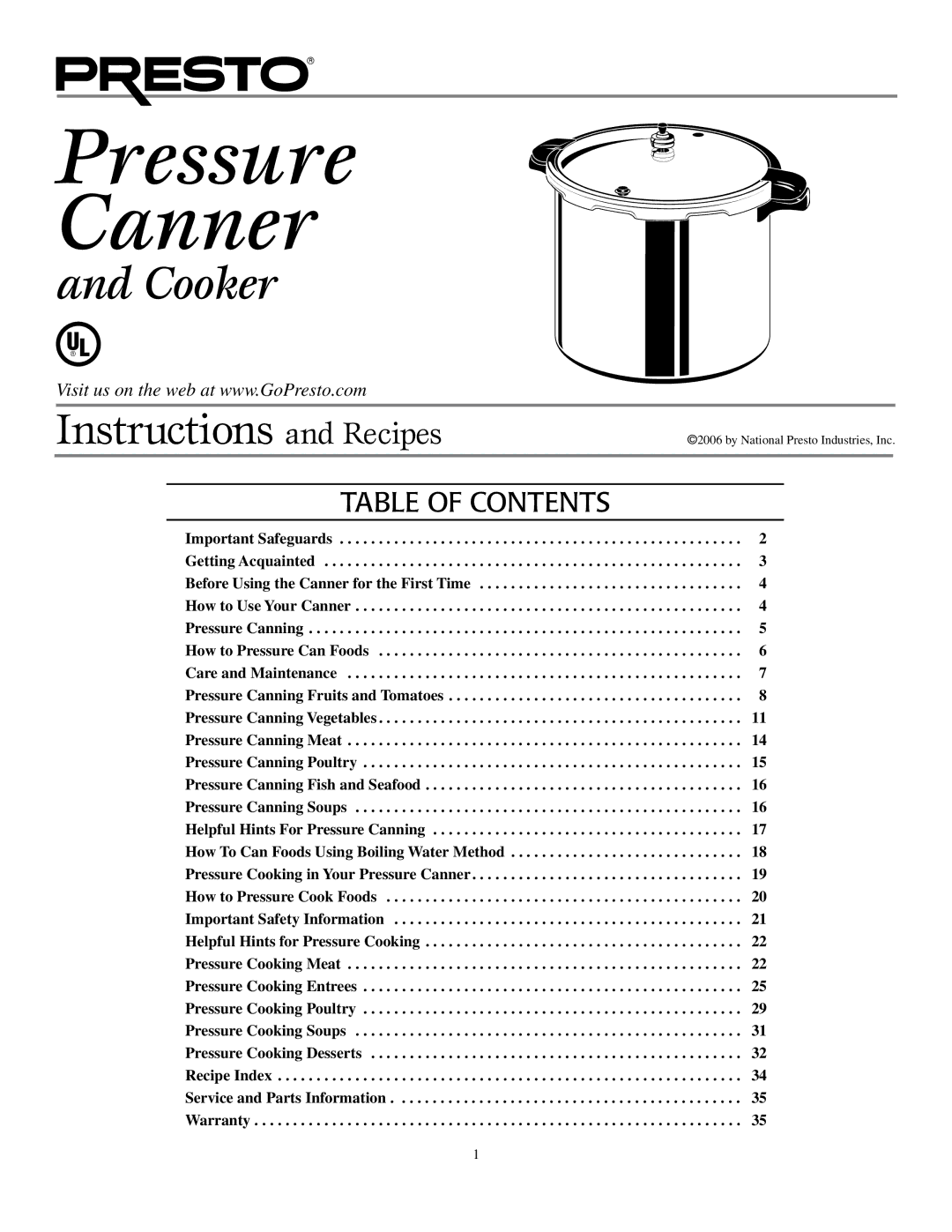 Presto Pressure Canner and Cooker warranty Table of Contents 