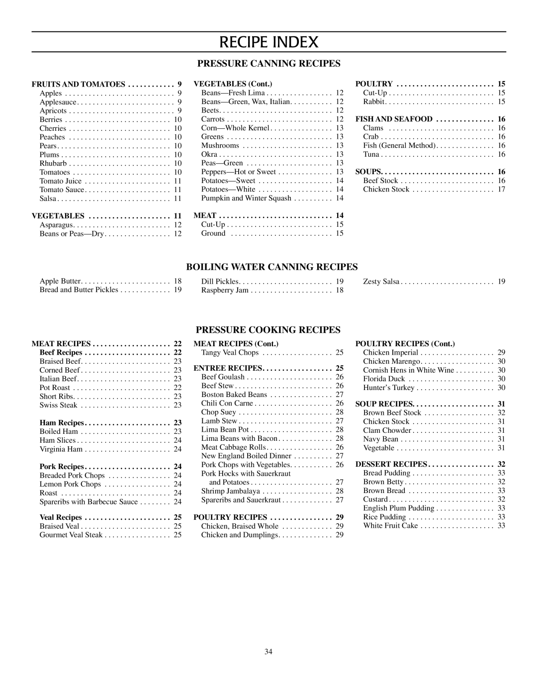 Presto Pressure Canner and Cooker warranty Recipe Index, Pressure Canning Recipes 